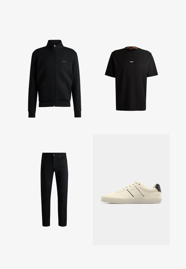 Fekete zipzáras kapucnis pulóver magas gallérral, bordázott mandzsettákkal és oldalsó zsebekkel. Diszkrét "BOSS" logó található a bal melbimen. Simább anyag.; Fekete pamut póló kerek nyakkivágással, rövid ujjakkal és fehér „BOSS” logóval a mellkas közepén. Simaság jellemzi, laza szabású.; Fekete, slim-fit farmernadrág, öt zsebbel, gombos záródással és övbújtatókkal, fehér háttér előtt bemutatva.; Krém színű sneakers, sima textúrával, fekete kiegészítőkkel és márkajelzéssel. Klasszikus fűzős dizájn, kerek orral és gumitalppal.