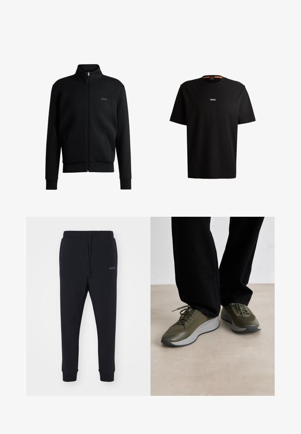 Svart zip-up sweatshirt med hög krage, ribbade manschetter och sidofickor. Har en diskret "BOSS"-logotyp på vänster bröst. Slätt tyg.; Svart bomullströja med rund halsringning, korta ärmar och vit "BOSS"-logotyp centrerad på bröstet. Slät textur, avslappnad passform.; Svarta sweatpants i mjukt material med elastisk midja, dragsko och smalnande ben. Har en liten logotyp på sidan.; Olivgröna sneakers med en texturerad stickad överdel och släta detaljer, med en grå yttersula och snörningsdesign. Bärs med svarta byxor.