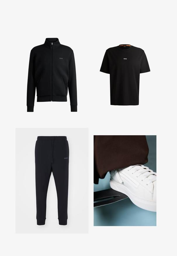 Black zip-up sweatshirt with high collar, ribbed cuffs, and side pockets. Features a subtle "BOSS" logo on the left chest. Smooth fabric.; Black cotton t-shirt with round neckline, short sleeves, and white “BOSS” logo centered on the chest. Smooth texture, casual fit.; Black sweatpants made of soft material with an elastic waistband, drawstring, and tapered legs. Features a small logo on the side.; White leather sneaker with textured surface, flat laces, and side branding, positioned on a metallic skate on a blue background.