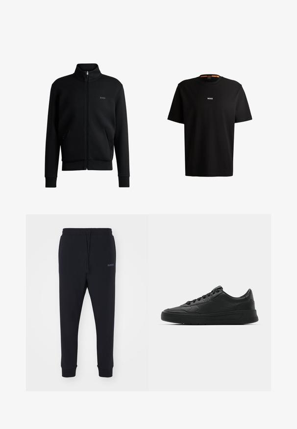 Sweatshirt preto com fecho e colar alto, punhos canelados e bolsos laterais. Apresenta um discreto logótipo "BOSS" no lado esquerdo do peito. Tecido suave.; T-shirt preta em algodão com gola redonda, mangas curtas e logo branco "BOSS" centrado no peito. Textura suave, corte casual.; Calças de fato pretas feitas de material macio, com uma cintura elástica, cordão e pernas ajustadas. Apresenta um pequeno logotipo de lado.; Sapatilha preta com parte superior em couro liso, bico arredondado, cadarços planos, colarinho almofadado e design minimalista. Sola de borracha com padrão de tração discreto.