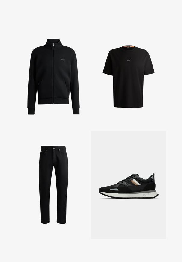 Sweatshirt preto com fecho e colar alto, punhos canelados e bolsos laterais. Apresenta um discreto logótipo "BOSS" no lado esquerdo do peito. Tecido suave.; T-shirt preta em algodão com gola redonda, mangas curtas e logo branco "BOSS" centrado no peito. Textura suave, corte casual.; Jeans de ganga preta com um design de perna reta, estilo de cinco bolsos e detalhes em metal prateado no botão frontal e rebites.; Shoe de corrida preto com uma superfície texturizada, detalhes cinza claro e três riscas horizontais em castanho. Apresenta uma sola branca acolchoada.
