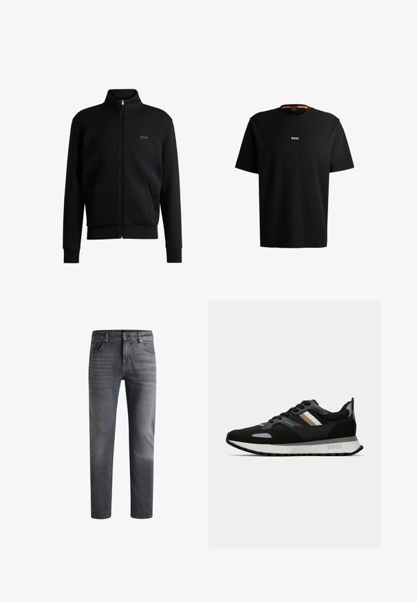 Svart zip-up sweatshirt med hög krage, ribbade manschetter och sidofickor. Har en diskret "BOSS"-logotyp på vänster bröst. Slätt tyg.; Svart bomullströja med rund halsringning, korta ärmar och vit "BOSS"-logotyp centrerad på bröstet. Slät textur, avslappnad passform.; Mörkgrå denimjeans med rak passform. Har fem fickor, dragkedja och lätt viskning på låren för subtil textur.; Svart löparsko med en texturerad yta, ljusgrå detaljer och tre horisontella ränder i brunt. Har en vit stoppad sula.
