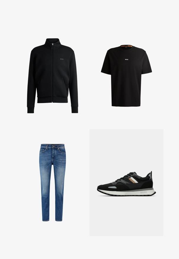 Sudadera negra con cremallera y cuello alto, puños acanalados y bolsillos laterales. Presenta un discreto logo "BOSS" en el lado izquierdo del pecho. Tejido suave.; Camiseta de algodón negro con cuello redondo, mangas cortas y el logotipo "BOSS" en blanco centrado en el pecho. Textura suave, corte casual.; Vaqueros de mezclilla azul claro con corte ajustado, que presentan un diseño clásico de cinco bolsillos, cierre de botón y un ligero desvanecimiento a lo largo de las piernas.; Zapatilla de running negra con superficie texturizada, acentos en gris claro y tres rayas horizontales en marrón. Presenta una suela blanca acolchada.
