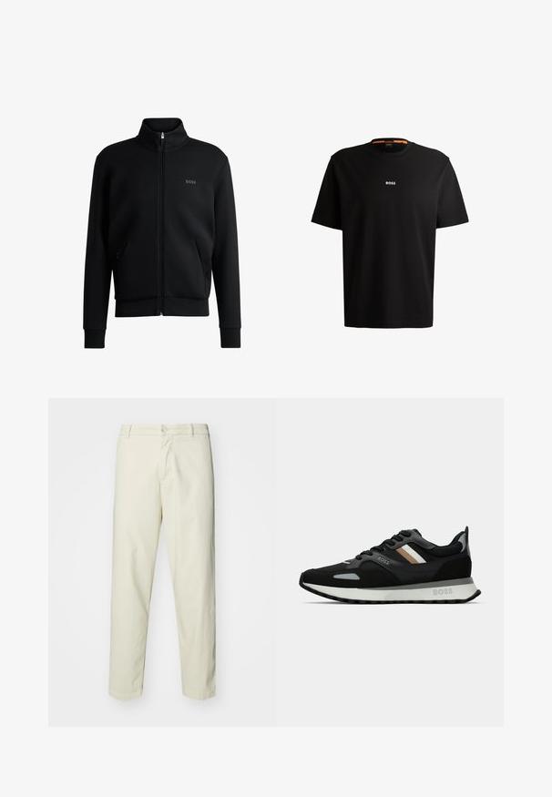Black zip-up sweatshirt with high collar, ribbed cuffs, and side pockets. Features a subtle "BOSS" logo on the left chest. Smooth fabric.; Black cotton t-shirt with round neckline, short sleeves, and white “BOSS” logo centered on the chest. Smooth texture, casual fit.; Light beige cotton trousers with a straight leg design, featuring a front button closure and standard pockets, smooth texture, and no patterns.; Black running shoe with a textured surface, light gray accents, and three horizontal stripes in brown. Features a white cushioned sole.