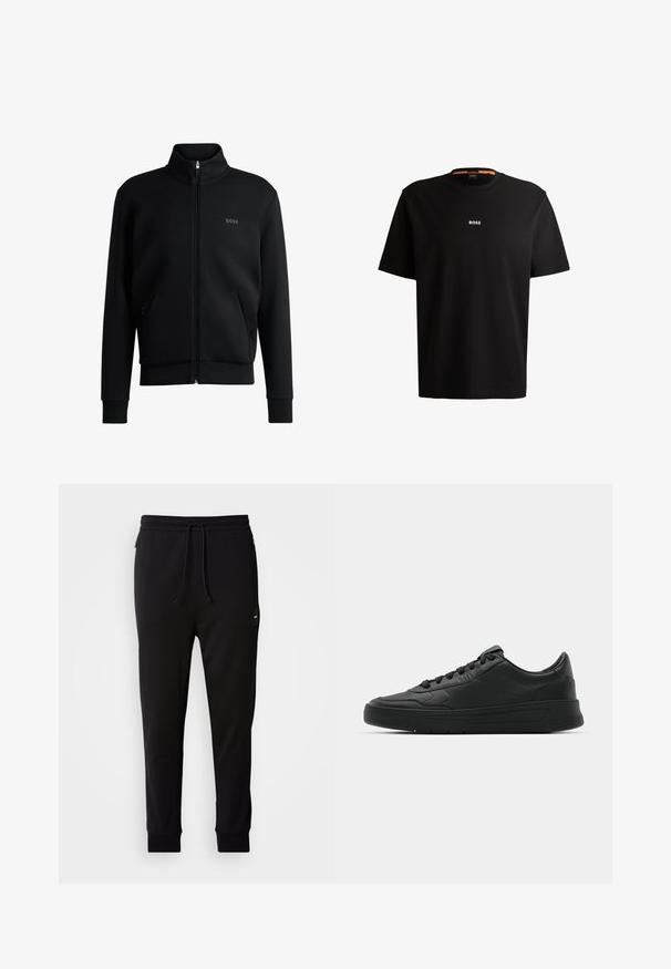 Sweatshirt preto com fecho e colar alto, punhos canelados e bolsos laterais. Apresenta um discreto logótipo "BOSS" no lado esquerdo do peito. Tecido suave.; T-shirt preta em algodão com gola redonda, mangas curtas e logo branco "BOSS" centrado no peito. Textura suave, corte casual.; Calças de gangue pretas com cintura elástica ajustável, pernas ajustadas, punhos canelados, bolsos laterais e um pequeno emblema na perna esquerda.; Sapatilha preta com parte superior em couro liso, bico arredondado, cadarços planos, colarinho almofadado e design minimalista. Sola de borracha com padrão de tração discreto.