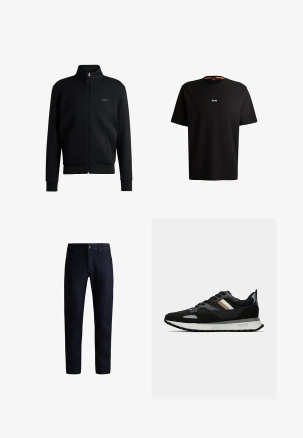 Melns zip-up džemperis ar augstu apkakli, ribotām aprocēm un sānu kabatām. Uz kreisā krūša ir smalks "BOSS" logo. Gluda auduma.; Melnas kokvilnas T-krekls ar apaļu kakla izgriezumu, īsām piedurknēm un baltu "BOSS" logo centrā uz krūšu daļas. Gluda tekstūra, ikdienišķs griezums.; Tumši zili džinsi ar klasisku piecu kabatu dizainu, taisnas kājas griezumu un smalku tekstūru. Metāla pogas aizdare jostas vietā.; Melnas skrienamās kurpes ar teksturētu virsmu, gaiši pelēkiem akcentiem un trim horizontālām svītrām brūnā krāsā. Iespējo baltu polsterētu zoli.