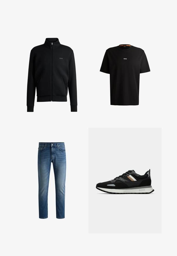 Sudadera negra con cremallera y cuello alto, puños acanalados y bolsillos laterales. Presenta un discreto logo "BOSS" en el lado izquierdo del pecho. Tejido suave.; Camiseta de algodón negro con cuello redondo, mangas cortas y el logotipo "BOSS" en blanco centrado en el pecho. Textura suave, corte casual.; Jeans de mezclilla azul oscuro con corte recto, diseño de cinco bolsillos, ligero desgaste en los muslos y un cierre de botón en la cintura.; Zapatilla de running negra con superficie texturizada, acentos en gris claro y tres rayas horizontales en marrón. Presenta una suela blanca acolchada.