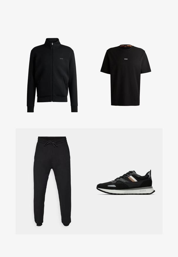 Sweatshirt preto com fecho e colar alto, punhos canelados e bolsos laterais. Apresenta um discreto logótipo "BOSS" no lado esquerdo do peito. Tecido suave.; T-shirt preta em algodão com gola redonda, mangas curtas e logo branco "BOSS" centrado no peito. Textura suave, corte casual.; Calças de treino pretas feitas de um tecido macio, com um cós elástico com cordão, tornozelos ajustados e bolsos laterais.; Shoe de corrida preto com uma superfície texturizada, detalhes cinza claro e três riscas horizontais em castanho. Apresenta uma sola branca acolchoada.