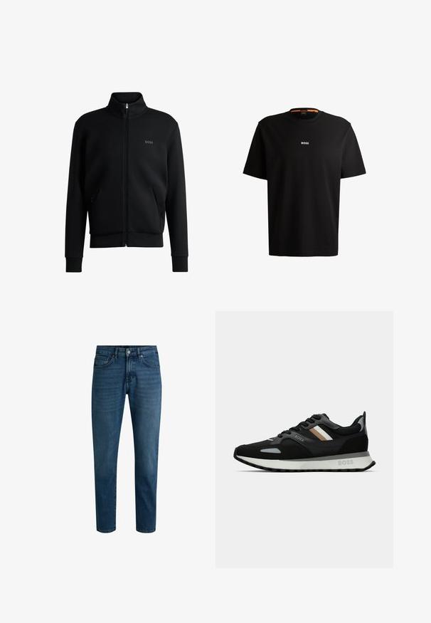 Sweatshirt preto com fecho e colar alto, punhos canelados e bolsos laterais. Apresenta um discreto logótipo "BOSS" no lado esquerdo do peito. Tecido suave.; T-shirt preta em algodão com gola redonda, mangas curtas e logo branco "BOSS" centrado no peito. Textura suave, corte casual.; Calças de jeans de denim azul escuro com corte reto, apresentando um fecho de botão, design de cinco bolsos e desbotamento subtil ao longo das pernas.; Shoe de corrida preto com uma superfície texturizada, detalhes cinza claro e três riscas horizontais em castanho. Apresenta uma sola branca acolchoada.
