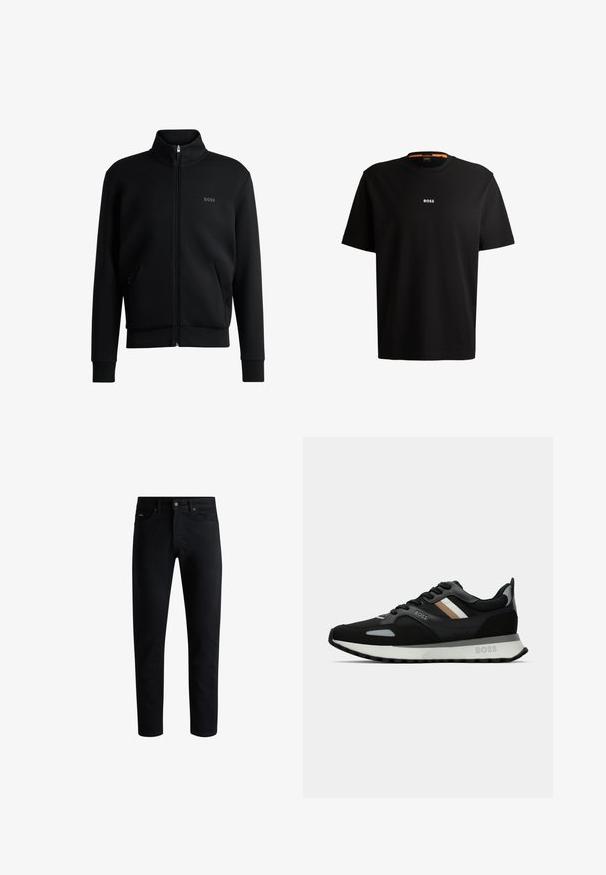 Sweatshirt preto com fecho e colar alto, punhos canelados e bolsos laterais. Apresenta um discreto logótipo "BOSS" no lado esquerdo do peito. Tecido suave.; T-shirt preta em algodão com gola redonda, mangas curtas e logo branco "BOSS" centrado no peito. Textura suave, corte casual.; Jeans pretos slim-fit com cinco bolsos, fecho de botão e passantes para cinto, exibidos contra um fundo branco.; Shoe de corrida preto com uma superfície texturizada, detalhes cinza claro e três riscas horizontais em castanho. Apresenta uma sola branca acolchoada.