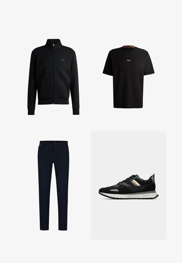 Sweatshirt preto com fecho e colar alto, punhos canelados e bolsos laterais. Apresenta um discreto logótipo "BOSS" no lado esquerdo do peito. Tecido suave.; T-shirt preta em algodão com gola redonda, mangas curtas e logo branco "BOSS" centrado no peito. Textura suave, corte casual.; Calças azul-marinho feitas de tecido suave, com um corte slim, passantes para cinto e um fecho oculto com zip. Sem padrões ou detalhes notáveis.; Shoe de corrida preto com uma superfície texturizada, detalhes cinza claro e três riscas horizontais em castanho. Apresenta uma sola branca acolchoada.