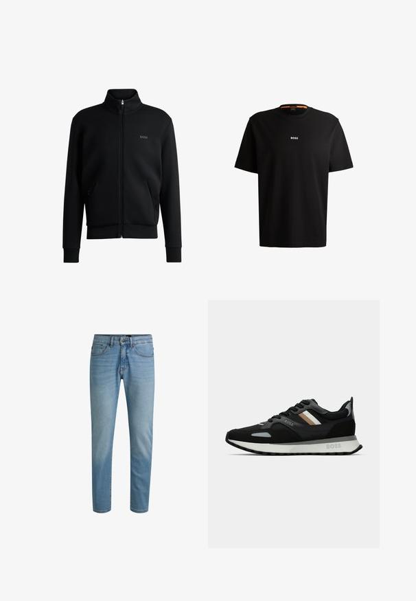 Sweatshirt preto com fecho e colar alto, punhos canelados e bolsos laterais. Apresenta um discreto logótipo "BOSS" no lado esquerdo do peito. Tecido suave.; T-shirt preta em algodão com gola redonda, mangas curtas e logo branco "BOSS" centrado no peito. Textura suave, corte casual.; Jeans de ganga azul claro com corte reto, design de cinco bolsos, passadores para cinto e desvanecimento sutil por todo o tecido.; Shoe de corrida preto com uma superfície texturizada, detalhes cinza claro e três riscas horizontais em castanho. Apresenta uma sola branca acolchoada.