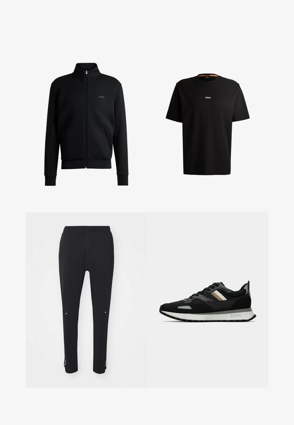 Sweatshirt preto com fecho e colar alto, punhos canelados e bolsos laterais. Apresenta um discreto logótipo "BOSS" no lado esquerdo do peito. Tecido suave.; T-shirt preta em algodão com gola redonda, mangas curtas e logo branco "BOSS" centrado no peito. Textura suave, corte casual.; Calças de desporto pretas com uma cintura elástica, design afunilado, costura fina e detalhes refletivos nas laterais e bainhas.; Shoe de corrida preto com uma superfície texturizada, detalhes cinza claro e três riscas horizontais em castanho. Apresenta uma sola branca acolchoada.