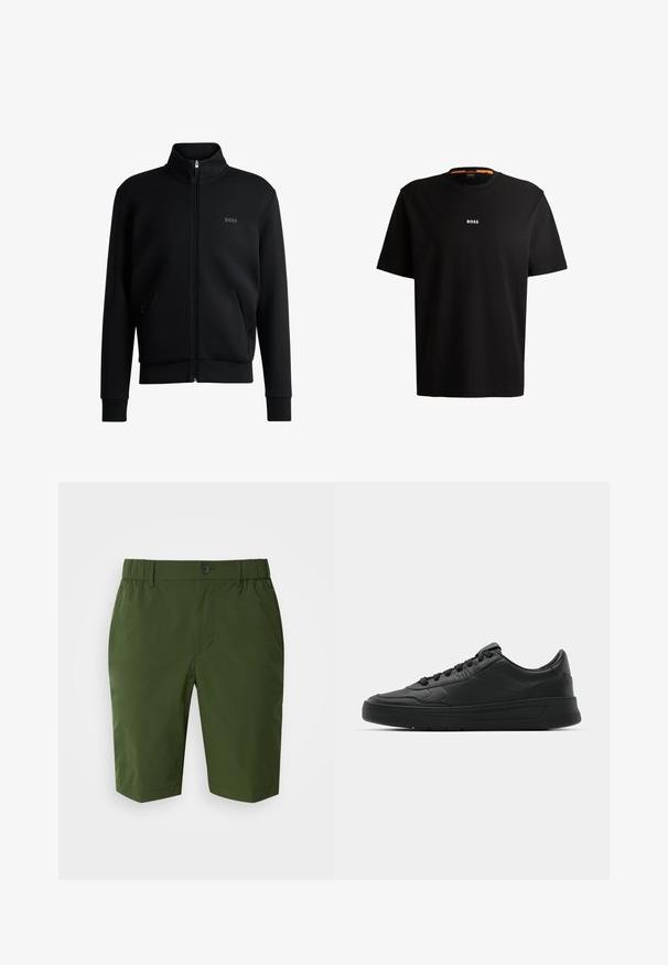 Sweat-shirt zippé noir avec col haut, poignets côtelés et poches latérales. Présente un logo 'BOSS' discret sur la poitrine gauche. Tissu lisse.; T-shirt en coton noir avec un col rond, des manches courtes, et le logo blanc "BOSS" centré sur la poitrine. Texture lisse, coupe décontractée.; Shorts vert foncé avec une taille élastique et une fermeture à un bouton. Tissu lisse et léger, avec deux poches latérales et une coupe ajustée.; Baskets noires avec tige en cuir lisse, bout rond, lacets plats, col rembourré et design minimaliste. Semelle en caoutchouc avec un motif de traction subtil.