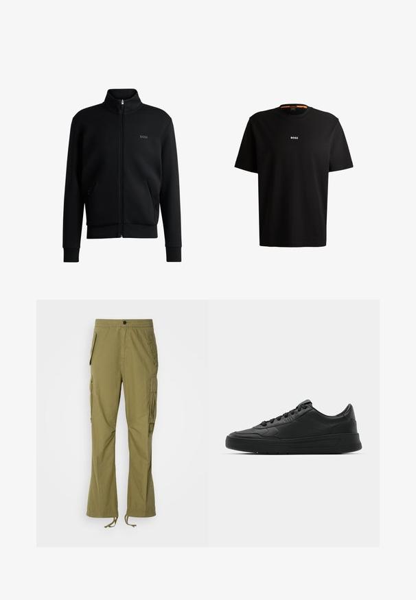 Svart zip-up sweatshirt med hög krage, ribbade manschetter och sidofickor. Har en diskret "BOSS"-logotyp på vänster bröst. Slätt tyg.; Svart bomullströja med rund halsringning, korta ärmar och vit "BOSS"-logotyp centrerad på bröstet. Slät textur, avslappnad passform.; Olivgrön cargobyxor med elastisk midja, sidfickor och justerbara dragsnören vid bensluten. Lättviktsmaterial med en slät yta.; Svart sneaker med slät läderöverkänsla, rund tå, platta snören, vadderad krage och minimalistisk design. Gummisula med subtilt mönster.