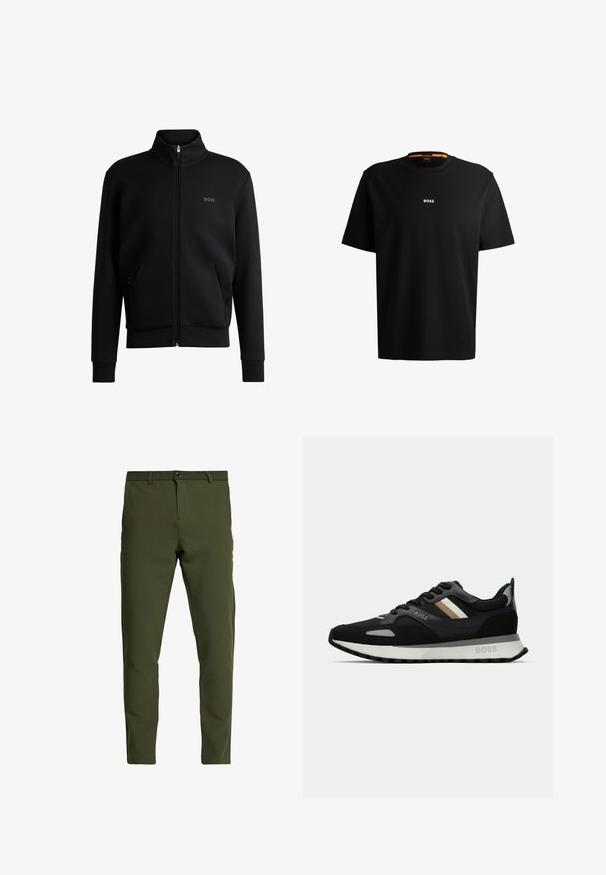 Musta vetoketjullinen huppari, jossa on korkea kaulus, ribattu hihansuu ja sivutaskut. Vasemmassa rinnassa on hillitty "BOSS"-logo. Vaatteen pinta on sileä.; Mustia puuvillapaita, jossa on pyöreä kaula-aukko, lyhyet hihat ja valkoinen "BOSS"-logo rinnassa keskellä. Sileä rakenne, rento istuvuus.; Olivinvihreät housut, joissa on kapea malli, valmistettu sileästä ja kestävästä kankaasta. Varusteena vetoketjuläppä, nappilukitus ja tavalliset taskut.; Musta juoksukenkä, jossa on tekstuuroitu pinta, vaaleanharmaita yksityiskohtia ja kolme vaaleanruskeaa vaakaraitaa. Kenkässä on valkoinen pehmustettu pohja.