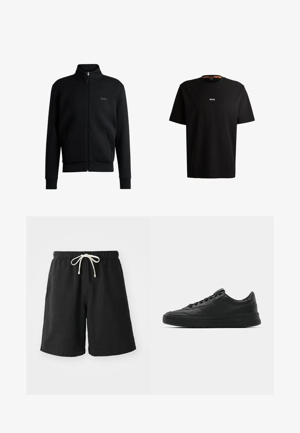Zwarte zip-up sweatshirt met hoge kraag, geribbelde manchetten en zijzakken. Beschikt over een subtiele "BOSS" logo op de linkerborst. Glad stof.; Zwarte katoenen t-shirt met ronde halslijn, korte mouwen en een witte "BOSS"-logo in het midden van de borst. Het heeft een gladde textuur en een casual pasvorm.; Zwarte sweatshorts gemaakt van een zachte stof, met een elastische tailleband en een crèmekleurige trekkoord, evenals zijzakken.; Zwarte sneaker met een glad leren bovenwerk, ronde neus, platte veters, gewatteerde kraag en minimalistisch design. Rubberen zool met een subtiel profiel.
