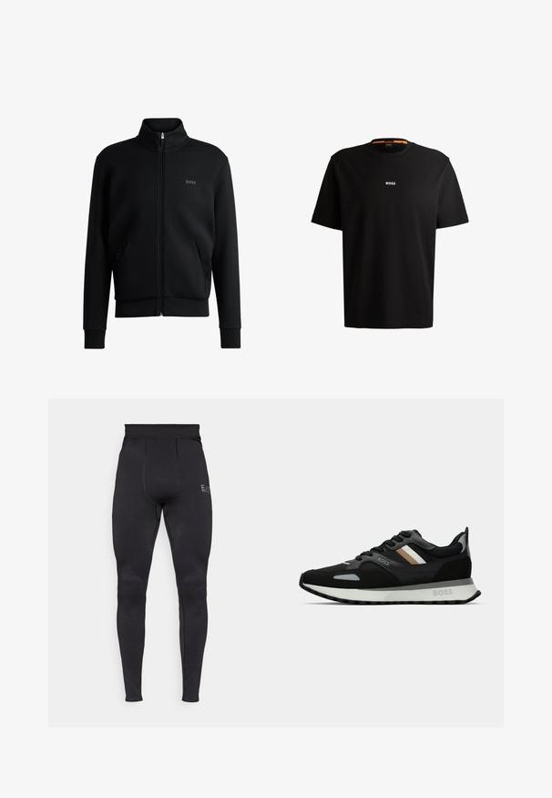 Sweatshirt preto com fecho e colar alto, punhos canelados e bolsos laterais. Apresenta um discreto logótipo "BOSS" no lado esquerdo do peito. Tecido suave.; T-shirt preta em algodão com gola redonda, mangas curtas e logo branco "BOSS" centrado no peito. Textura suave, corte casual.; Leggings pretos ativos com um padrão de painel texturizado, cintura alta e corte slim. Apresenta um logótipo discreto na parte superior da coxa.; Shoe de corrida preto com uma superfície texturizada, detalhes cinza claro e três riscas horizontais em castanho. Apresenta uma sola branca acolchoada.