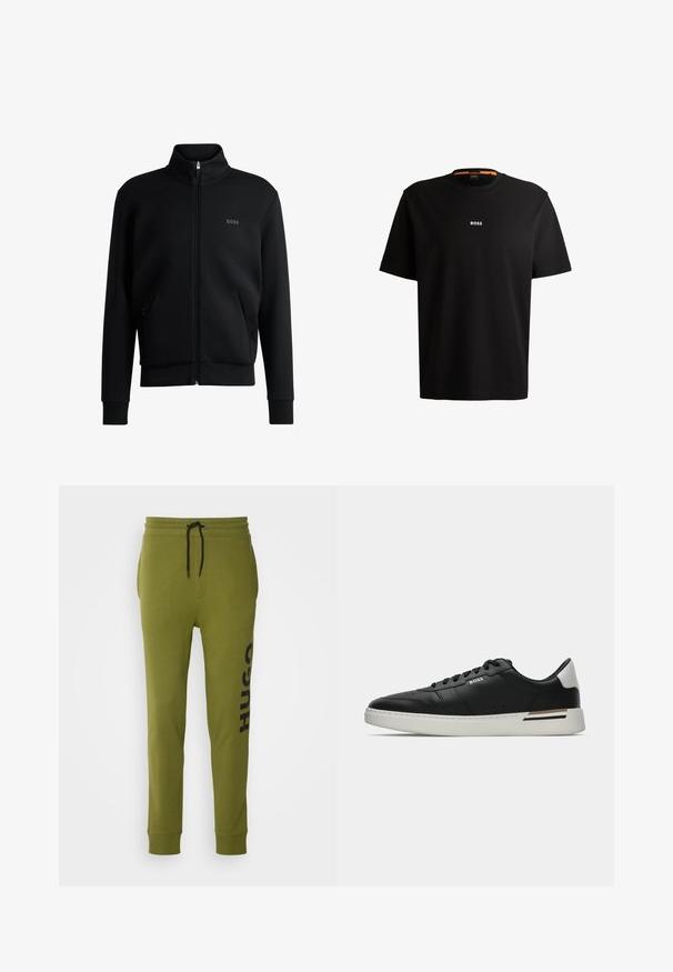 Melns zip-up džemperis ar augstu apkakli, ribotām aprocēm un sānu kabatām. Uz kreisā krūša ir smalks "BOSS" logo. Gluda auduma.; Melnas kokvilnas T-krekls ar apaļu kakla izgriezumu, īsām piedurknēm un baltu "BOSS" logo centrā uz krūšu daļas. Gluda tekstūra, ikdienišķs griezums.; HUGO DUTSCHI - Treniņtērpa apakšdaļas - open green; Melna ādas sporta apavi ar baltu zoli, ar perforējumiem, auklu aizdari, logo sānos un kontrastējošu papēdi baltā un brūnā krāsā.