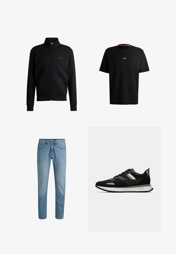 Must-haves mustaja tõmblukkidega kapuutsiga dressipluus, ribakäiste ja küljetaskutega. Vasakul rinnal on peen "BOSS" logo. Sile kangas.; Must musta T-särk ümmarguse kaelusega, lühikeste varrukatega ja valge "BOSS" logoga, mis on keskendatud rinnale. Sile tekstuur, võimaldab mugavat istuvust.; Hele sinise denimitemalised sirge säärega teksad, viie tasku ja kerge pleekimisega. Varustatud nööpide sulgemise ja vööaasadega.; Mustmustreen jooksujalats, millel on tekstuuriga pind, helesinised aktsendid ja kolm horisontaalset triipu pruunis. Omab valget pehmendatud tallat.