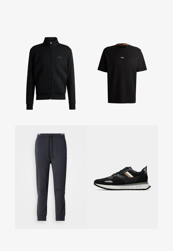 Sweatshirt preto com fecho e colar alto, punhos canelados e bolsos laterais. Apresenta um discreto logótipo "BOSS" no lado esquerdo do peito. Tecido suave.; T-shirt preta em algodão com gola redonda, mangas curtas e logo branco "BOSS" centrado no peito. Textura suave, corte casual.; Calças de moletão cinza escuras com cintura ajustável, pernas estreitas e bolsos laterais. Textura suave e detalhes de design minimalistas.; Shoe de corrida preto com uma superfície texturizada, detalhes cinza claro e três riscas horizontais em castanho. Apresenta uma sola branca acolchoada.