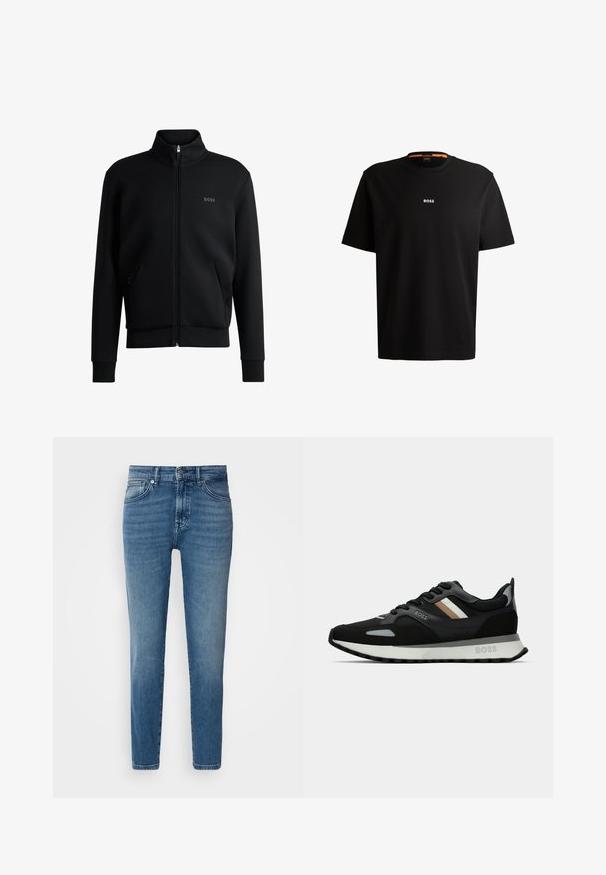 Fekete zipzáras kapucnis pulóver magas gallérral, bordázott mandzsettákkal és oldalsó zsebekkel. Diszkrét "BOSS" logó található a bal melbimen. Simább anyag.; Fekete pamut póló kerek nyakkivágással, rövid ujjakkal és fehér „BOSS” logóval a mellkas közepén. Simaság jellemzi, laza szabású.; Világoskék farmernadrág egyenes szabással, hagyományos öt zsebes dizájnnal, fémből készült gombos záródással és finom kopással az elején.; Fekete futócipő, texturált felülettel, világosszürke díszítésekkel és három északi csíkkal barnában. Fehér párnázott talpával rendelkezik.