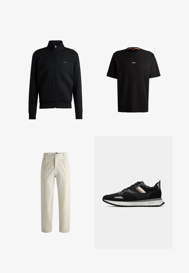 Czarna bluzka z kapturem na suwak, z wysokim kołnierzem, ściągaczami przy mankietach i kieszeniami bocznymi. Posiada subtelne logo "BOSS" na lewej piersi. Gładki materiał.; Czarna bawełniana koszulka z okrągłym dekoltem, krótkimi rękawami i białym logo "BOSS" umieszczonym na środku klatki piersiowej. Gładka tekstura, casualowy krój.; Jasnokremowe spodnie wykonane z bawełny, z prostą nogawką, zamkiem błyskawicznym z przodu i dwiema bocznymi kieszeniami. Gładka tekstura z minimalnymi detalami.; Czarny but do biegania z teksturowaną powierzchnią, jasnoszarymi akcentami i trzema poziomymi paskami w kolorze brązowym. Posiada białą, amortyzującą podeszwę.