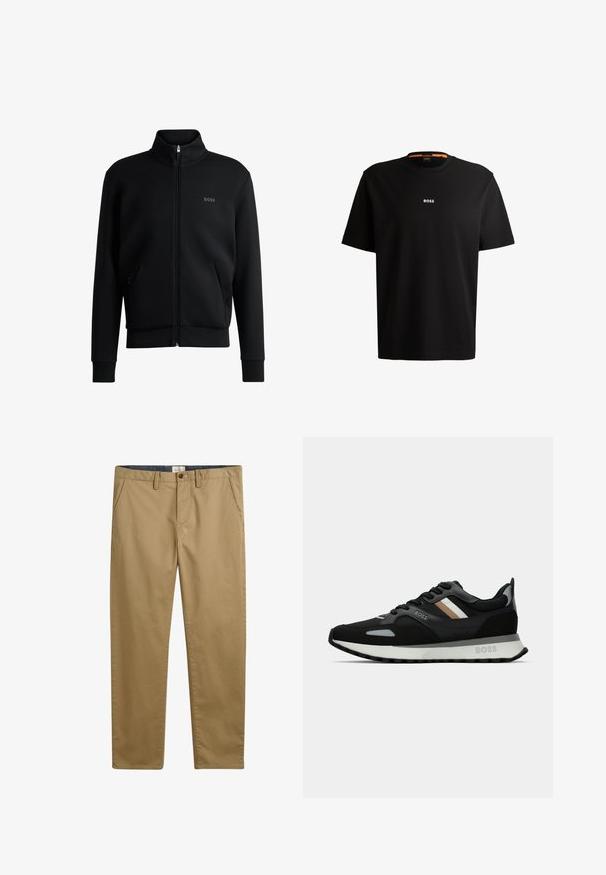 Felpa nera con zip, colletto alto, polsini a coste e tasche laterali. Presenta un discreto logo "BOSS" sul petto sinistro. Tessuto morbido.; T-shirt nera in cotone con scollatura rotonda, maniche corte e logo bianco "BOSS" centrato sul petto. Texture liscia, vestibilità casual.; Pantaloni di cotone khaki con una vestibilità dritta, dotati di tasche laterali, chiusura con bottone e un tessuto testurizzato.; Scarpa da corsa nera con superficie testurizzata, dettagli grigio chiaro e tre strisce orizzontali marroni. Presenta una suola bianca imbottita.