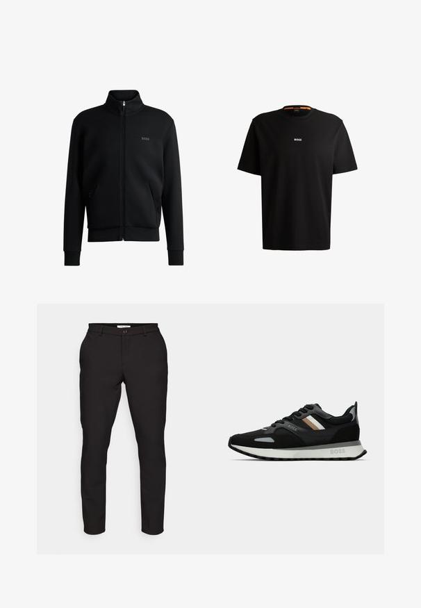 Čierna mikina na zips s vysokým golierom, elastickými manžetami a bočnými vreckami. Obsahuje jemné logo "BOSS" na ľavej hrudi. Hladká tkanina.; Čierne bavlnené tričko s okrúhlym výstrihom, krátkymi rukávmi a bielym logom "BOSS" umiestneným na hrudi. Hladká textúra, voľný strih.; Čierne nohavice s prispôsobeným strihom. Obsahujú zips, gombíkovú uzáver, bočné vrecká a hladkú, ľahkú tkaninu.; Čierna bežecká obuv s textúrovaným povrchom, svetlošedými akcentmi a tromi horizontálnymi pruhmi v hnedej farbe. Obsahuje bielu polstrovanú podrážku.