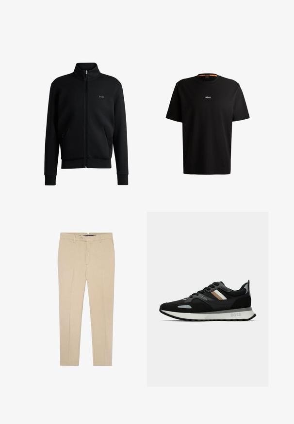 Felpa nera con zip, colletto alto, polsini a coste e tasche laterali. Presenta un discreto logo "BOSS" sul petto sinistro. Tessuto morbido.; T-shirt nera in cotone con scollatura rotonda, maniche corte e logo bianco "BOSS" centrato sul petto. Texture liscia, vestibilità casual.; Pantaloni beige su misura con taglio dritto, dotati di chiusura con bottone, passanti per cintura e due tasche anteriori. Tessuto in cotone con superficie liscia.; Scarpa da corsa nera con superficie testurizzata, dettagli grigio chiaro e tre strisce orizzontali marroni. Presenta una suola bianca imbottita.