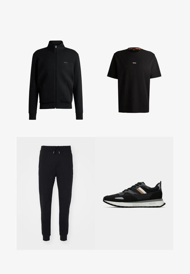 Sweatshirt preto com fecho e colar alto, punhos canelados e bolsos laterais. Apresenta um discreto logótipo "BOSS" no lado esquerdo do peito. Tecido suave.; T-shirt preta em algodão com gola redonda, mangas curtas e logo branco "BOSS" centrado no peito. Textura suave, corte casual.; Calças de fato pretas feitas de tecido macio, com uma cintura elástica com cordão, bolsos laterais e punhos afunilados nos tornozelos.; Shoe de corrida preto com uma superfície texturizada, detalhes cinza claro e três riscas horizontais em castanho. Apresenta uma sola branca acolchoada.