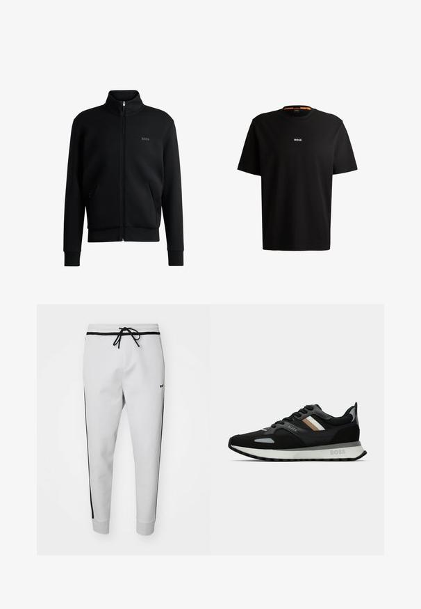 Svart zip-up sweatshirt med hög krage, ribbade manschetter och sidofickor. Har en diskret "BOSS"-logotyp på vänster bröst. Slätt tyg.; Svart bomullströja med rund halsringning, korta ärmar och vit "BOSS"-logotyp centrerad på bröstet. Slät textur, avslappnad passform.; Vita sweatpants med svarta sidostripes, elastisk midja och justerbar dragsko. Har avslutade anklar och subtil logotypdetalj.; Svart löparsko med en texturerad yta, ljusgrå detaljer och tre horisontella ränder i brunt. Har en vit stoppad sula.