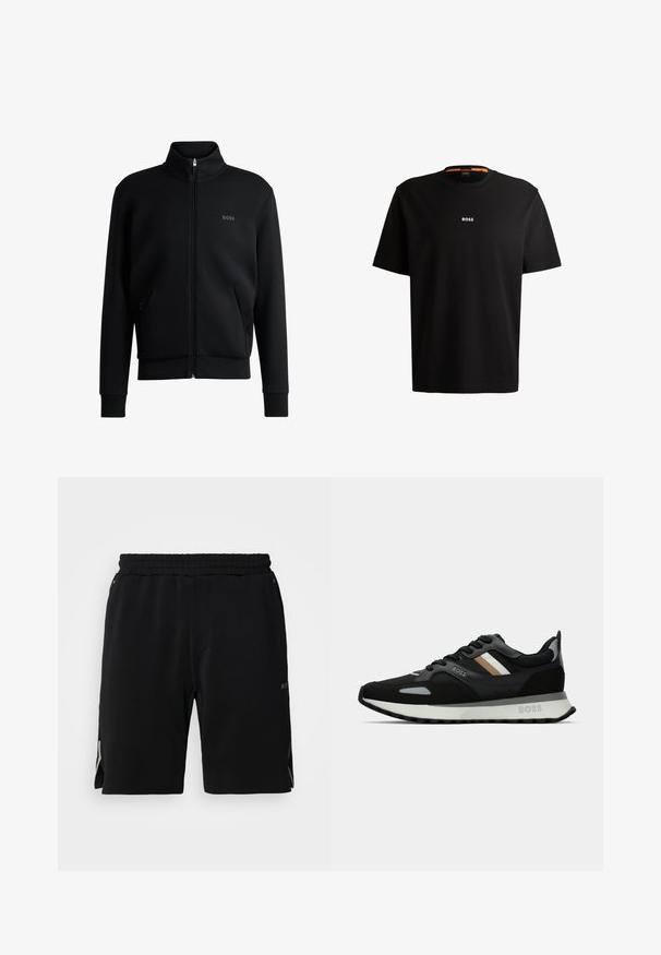 Musta vetoketjullinen huppari, jossa on korkea kaulus, ribattu hihansuu ja sivutaskut. Vasemmassa rinnassa on hillitty "BOSS"-logo. Vaatteen pinta on sileä.; Mustia puuvillapaita, jossa on pyöreä kaula-aukko, lyhyet hihat ja valkoinen "BOSS"-logo rinnassa keskellä. Sileä rakenne, rento istuvuus.; Mustat urheilushortsit, joissa on joustava vyötärö, sivuhaarukoita ja hienovarainen logo-yksityiskohta kontrastivärissä alaosissa.; Musta juoksukenkä, jossa on tekstuuroitu pinta, vaaleanharmaita yksityiskohtia ja kolme vaaleanruskeaa vaakaraitaa. Kenkässä on valkoinen pehmustettu pohja.