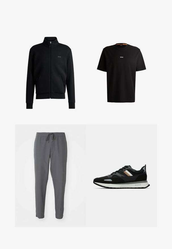 Schwarze Zip-up-Pulloverjacke mit hohem Kragen, gerippten Bündchen und Seitentaschen. Verfügt über ein dezentes "BOSS"-Logo auf der linken Brust. Glatter Stoff.; Schwarzes Baumwoll-T-Shirt mit rundem Ausschnitt, kurzen Ärmeln und weißem „BOSS“-Logo, das in der Mitte der Brust platziert ist. Sanfte Textur, lässige Passform.; Graue Jogginghosen aus glattem Material, mit elastischem Bund und Kordelzug, schmal zulaufenden Beinen und Seitentaschen.; Schwarzer Laufschuh mit strukturiertem Obermaterial, hellgrauen Akzenten und drei horizontalen Streifen in Braun. Verfügt über eine weiße, gepolsterte Sohle.