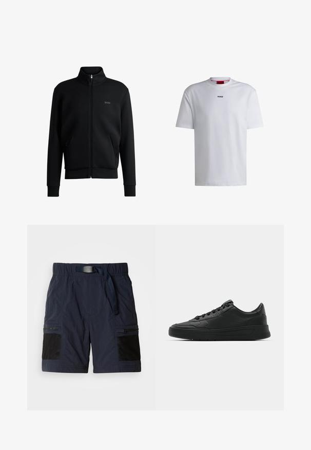 Černá mikina na zip s vysokým límcem, žebrovanými manžetami a bočními kapsami. Na levé straně hrudi je diskrétní logo "BOSS". Hladká tkanina.; Bílá bavlněná trička s krátkým rukávem, kulatým výstřihem a černým logem "HUGO" na hrudi. Hladká textura, volný střih, bez vzorů.; Námorně modré šortky s texturovaným povrchem, elastický pas s páskem, boční zipy a černé síťované akcenty na kapsách. Lehký design.; Černé tenisky s hladkým koženým svrškem, kulatou špičkou, plochými tkaničkami, polstrovaným límcem a minimalistickým designem. Gumová podrážka s jemným vzorkem.