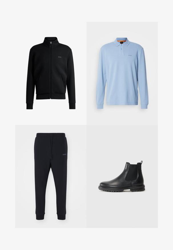Must-haves mustaja tõmblukkidega kapuutsiga dressipluus, ribakäiste ja küljetaskutega. Vasakul rinnal on peen "BOSS" logo. Sile kangas.; Hele sinine pika varrukaga polo särk tekstuurse kangaga, krae ja kahe nööbiga, millel on rinnal brodeeritud "BOSS" logo.; Mustad mustad, pehmeast materjalist, elastse vöökohtadega, nööridega ja kitsenevate jalgadega. Küljel on väike logo.; Must musta Chelsea saapad elastsete külgpaneelidega, tõmbetagatisega, ümmarguse varbaga ja robustse tallaga, millel on haardekabiinid.