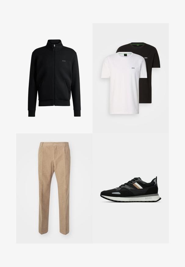 Felpa nera con zip, colletto alto, polsini a coste e tasche laterali. Presenta un discreto logo "BOSS" sul petto sinistro. Tessuto morbido.; Due t-shirt in cotone, una nera e una bianca, con collo a giro e un piccolo logo sul petto. Entrambe hanno maniche corte e un taglio dritto.; Pantaloni in corduroy beige con design a gamba dritta, caratterizzati da pieghe frontali, passanti per cintura e tasche laterali. Texture liscia e morbida.; Scarpa da corsa nera con superficie testurizzata, dettagli grigio chiaro e tre strisce orizzontali marroni. Presenta una suola bianca imbottita.