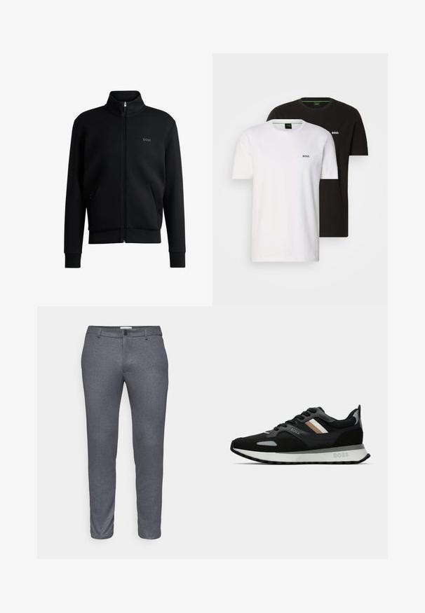Must-haves mustaja tõmblukkidega kapuutsiga dressipluus, ribakäiste ja küljetaskutega. Vasakul rinnal on peen "BOSS" logo. Sile kangas.; Kaks puuvillast T-särki mustas ja valges, ringkraega ning rinnal väikese logoga. Mõlemal on lühikesed varrukad ja sirge lõige.; DRYKORN AJEND - Ülikonnapüksid - grey; Mustmustreen jooksujalats, millel on tekstuuriga pind, helesinised aktsendid ja kolm horisontaalset triipu pruunis. Omab valget pehmendatud tallat.
