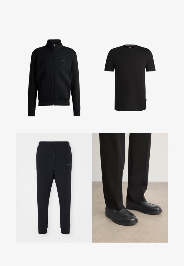 Felpa nera con zip, colletto alto, polsini a coste e tasche laterali. Presenta un discreto logo "BOSS" sul petto sinistro. Tessuto morbido.; T-shirt nero a maniche corte realizzato in cotone morbido con scollatura rotonda. Presenta un'etichetta del marchio discreta sul lato sinistro vicino all'orlo.; Pantaloni della tuta neri realizzati in materiale morbido, con vita elastica, coulisse e gambe affusolate. Presenta un piccolo logo sul lato.; Calvin Klein Scarpe senza lacci - black