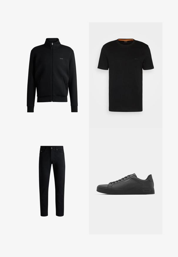 Must-haves mustaja tõmblukkidega kapuutsiga dressipluus, ribakäiste ja küljetaskutega. Vasakul rinnal on peen "BOSS" logo. Sile kangas.; Must t-särk lühikeste varrukatega, valmistatud pehmest kangast, ümarate kaelustega ja esiküljel diskreetse logoga. Kaela sees on oranž aktsent.; Must mustrikot, viie taskuga, nupuga sulgus ja vöökonksudega, esitatud valge tausta ees.; Mustad mustad, millel on sile sünteetiline ülemine osa, ümar varvas, lamedad paelad ja sooneline kummist tald. Minimalistlik disain, millel on õmmeldud aktsendid.
