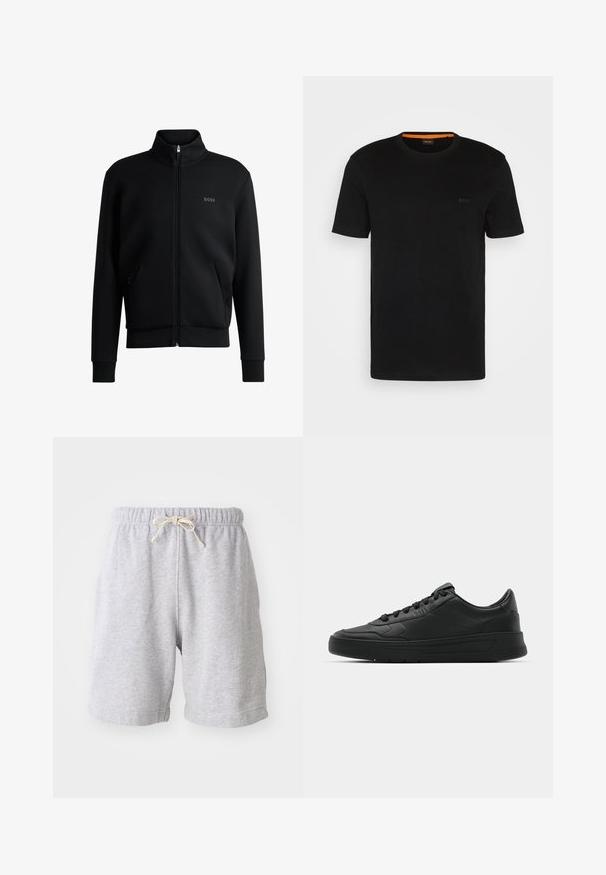 Svart glidelås sweatshirt med høy krage, ribbede mansjetter og sidelommer. Har en subtil "BOSS"-logo på venstre bryst. Glatt stoff.; Svart kortermet t-skjorte laget av myk stoff, med rund hals og en subtil logo foran. Inni kragen er det oransje detaljer.; Grå bomullsshorts med elastisk midjebånd og snor. Midt-til-lår lengde med sidesømmer og myk tekstur. Ingen lommer eller synlige mønstre.; Sorte sneakers med glatt skinnøvre, rund tå, flate lisser, polstret krage og minimalistisk design. Gummisåle med subtilt mønster.