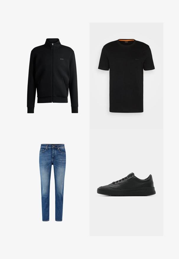 Melns zip-up džemperis ar augstu apkakli, ribotām aprocēm un sānu kabatām. Uz kreisā krūša ir smalks "BOSS" logo. Gluda auduma.; Melnā T-kreklu ar īsām piedurknēm, kas izgatavots no mīksta auduma, ar apaļu kakla izgriezumu un diskrētu logotipu priekšpusē. Iekšējā apkakle ar oranžu akcentu.; Gai zilgani džinsi ar pieguļošu griezumu, ar klasisko piecu kabatu dizainu, pogu aizdari un nemanāmām izbalēšanas vietām gar kājām.; Melnās kedas ar gludu ādas augšpusi, apaļu purngalu, plakaniem šņorēm, mīkstinātu apkakli un minimālistisku dizainu. Gumijas zole ar smalku rakstu.