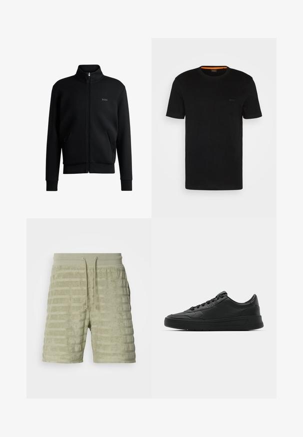 Svart glidelås sweatshirt med høy krage, ribbede mansjetter og sidelommer. Har en subtil "BOSS"-logo på venstre bryst. Glatt stoff.; Svart kortermet t-skjorte laget av myk stoff, med rund hals og en subtil logo foran. Inni kragen er det oransje detaljer.; Lys grønne badedraktshorts i frotté med horisontale striper, justerbar snøring i livet og avslappet passform.; Sorte sneakers med glatt skinnøvre, rund tå, flate lisser, polstret krage og minimalistisk design. Gummisåle med subtilt mønster.