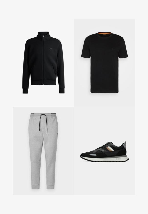 Svart glidelås sweatshirt med høy krage, ribbede mansjetter og sidelommer. Har en subtil "BOSS"-logo på venstre bryst. Glatt stoff.; Svart kortermet t-skjorte laget av myk stoff, med rund hals og en subtil logo foran. Inni kragen er det oransje detaljer.; Grå joggebukser med elastisk midje, svart snor og glidelåslommer; har knepaneler og ribbede mansjetter.; Svart løpetreningssko med teksturert overflate, lysegrå detaljer og tre horisontale striper i brunt. Har en hvit polstret såle.