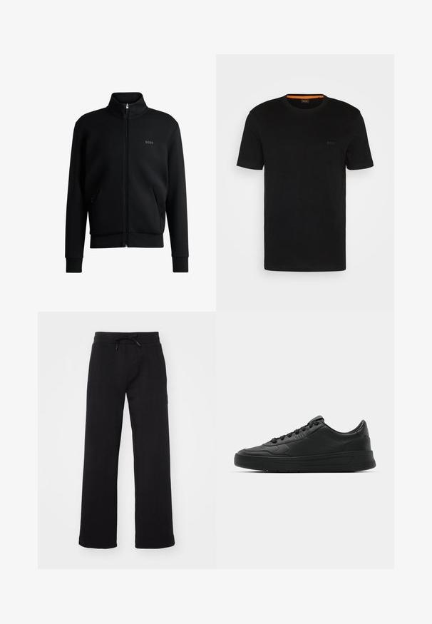 Črna zip-up pulover s visokim ovratnikom, rebrastimi manšetami in stranskimi žepi. Ima subtilno logo "BOSS" na levem prsnem delu. Gladka tkanina.; Črna kratkotrajna majica s kratkimi rokavi iz mehkega blaga, z okroglim izrezom in subtilnim logotipom na sprednji strani. V notranjem ovratniku je oranžni poudarek.; Črne široke hlače iz mehkega materiala, z oblazinjenim pasom za zategovanje, navpičnimi črtami in stransko žepom z oznako.; Črne superge z gladkim usnjenim zgornjim delom, okroglo konico, ravnimi vezalkami, oblazinjeno ovratnikom in minimalističnim dizajnom. Gumijast podplat z diskretnim profilom.