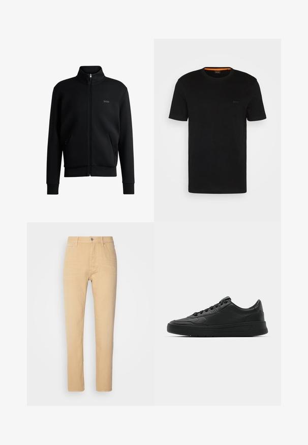 Felpa nera con zip, colletto alto, polsini a coste e tasche laterali. Presenta un discreto logo "BOSS" sul petto sinistro. Tessuto morbido.; T-shirt nera a maniche corte realizzata in un tessuto morbido, con scollatura rotonda e un logo discreto sul davanti. Il colletto interno presenta un accento arancione.; Pantaloni di cotone beige a vita slim, con una vestibilità aderente, caratterizzati da un design a cinque tasche, chiusura frontale a bottone e una trama sottile.; Sneaker nera con tomaia in pelle liscia, punta rotonda, lacci piatti, collare imbottito e design minimalista. Suola in gomma con un delicato motivo a rilievo.