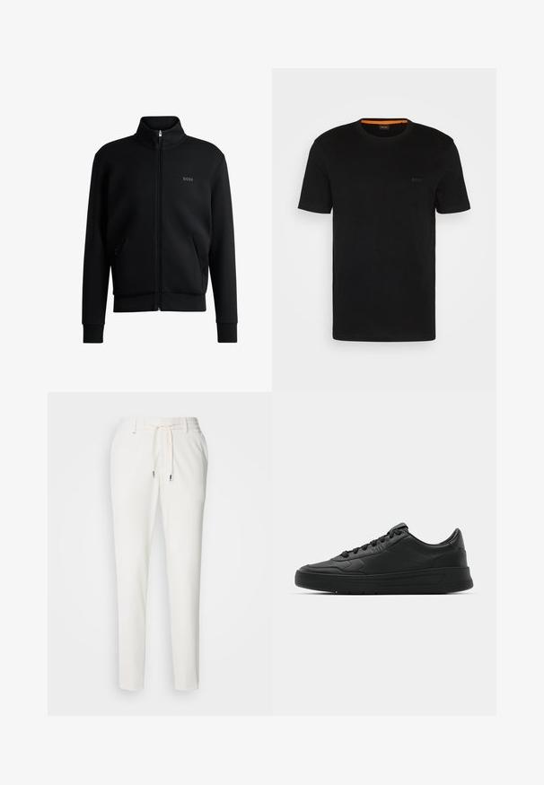 Black zip-up sweatshirt with high collar, ribbed cuffs, and side pockets. Features a subtle "BOSS" logo on the left chest. Smooth fabric.; Black short-sleeve t-shirt made of soft fabric, featuring a round neckline and a subtle logo on the front. Inside collar has orange accent.; White slim-fit pants with belt loops, side pockets, and a front drawstring closure with metal tips on a plain background.; Black sneaker with smooth leather upper, round toe, flat laces, cushioned collar, and minimalistic design. Rubber sole with subtle tread pattern.