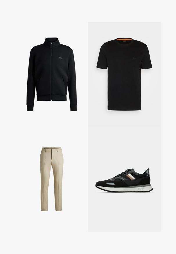 Svart zip-up sweatshirt med hög krage, ribbade manschetter och sidofickor. Har en diskret "BOSS"-logotyp på vänster bröst. Slätt tyg.; Svart t-shirt med kort ärm i mjukt material, med rund halsringning och en subtil logotyp på framsidan. Inuti kragen finns en orange detalj.; Beige skräddarsydda byxor med rak bendesign, med framveck och en slät yta. Inga synliga fickor eller utsmyckningar.; Svart löparsko med en texturerad yta, ljusgrå detaljer och tre horisontella ränder i brunt. Har en vit stoppad sula.