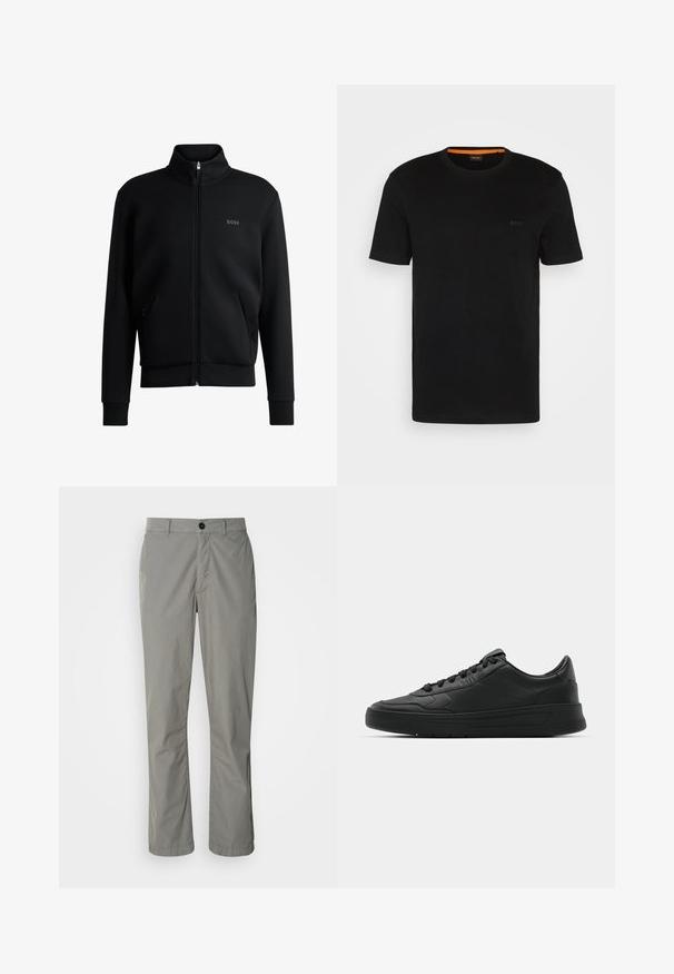 Sort zip-up sweatshirt med høj krave, ribbede manchetter og sidelommer. Har et subtilt "BOSS" logo på venstre bryst. Glat stof.; Sort kortærmet t-shirt lavet af blødt stof, med rund halsudskæring og et diskret logo på fronten. Indvendigt i kraven er der orange detaljer.; Lys grå bukser lavet af letvægtsstof. De har en frontknaplukning, skrå lommer og et lige ben-design.; Sort sneakers med glat læderoverdel, rund tå, flade snørebånd, polstret krave og minimalistisk design. Gummisål med subtilt mønster.