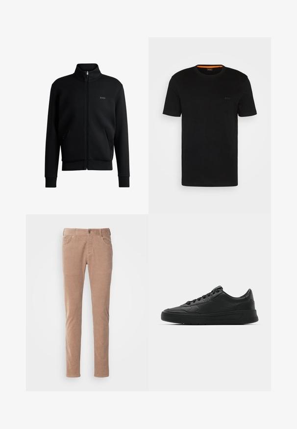 Felpa nera con zip, colletto alto, polsini a coste e tasche laterali. Presenta un discreto logo "BOSS" sul petto sinistro. Tessuto morbido.; T-shirt nera a maniche corte realizzata in un tessuto morbido, con scollatura rotonda e un logo discreto sul davanti. Il colletto interno presenta un accento arancione.; Pantaloni di corduroy marrone chiaro con design a gamba dritta, dotati di due tasche anteriori, chiusura con bottone e una morbida texture a coste.; Sneaker nera con tomaia in pelle liscia, punta rotonda, lacci piatti, collare imbottito e design minimalista. Suola in gomma con un delicato motivo a rilievo.
